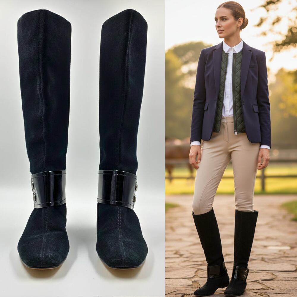 Michael Kors Emily Black Suede Leather Boot Patent Ankle Strap Sz 6.5 Equestrian - Picture 2 of 11